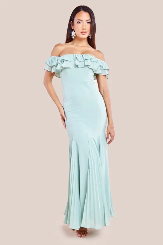 Frilled Off The Shoulder Pleated Chiffon Maxi Dress - Sage Green by Goddiva sold by Goddiva