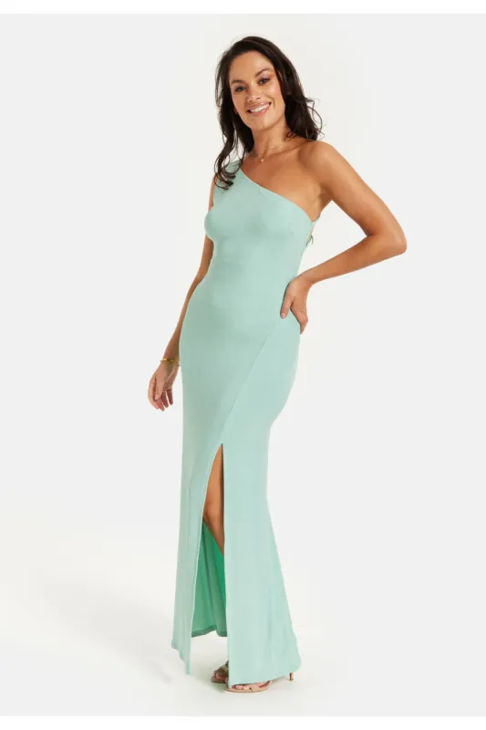 Sage Lurex One Shoulder Jersey Maxi Dress With Long Slit by Liquorish sold by Goddiva