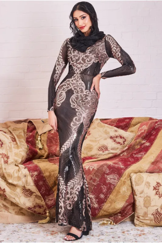 Modesty Contrast Sequin Maxi Dress - Champagne by Goddiva sold by Goddiva