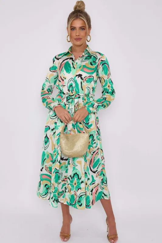 LOVE SUNSHINE Green Paisley Print White Satin Midaxi Shirt Dress sold by Goddiva