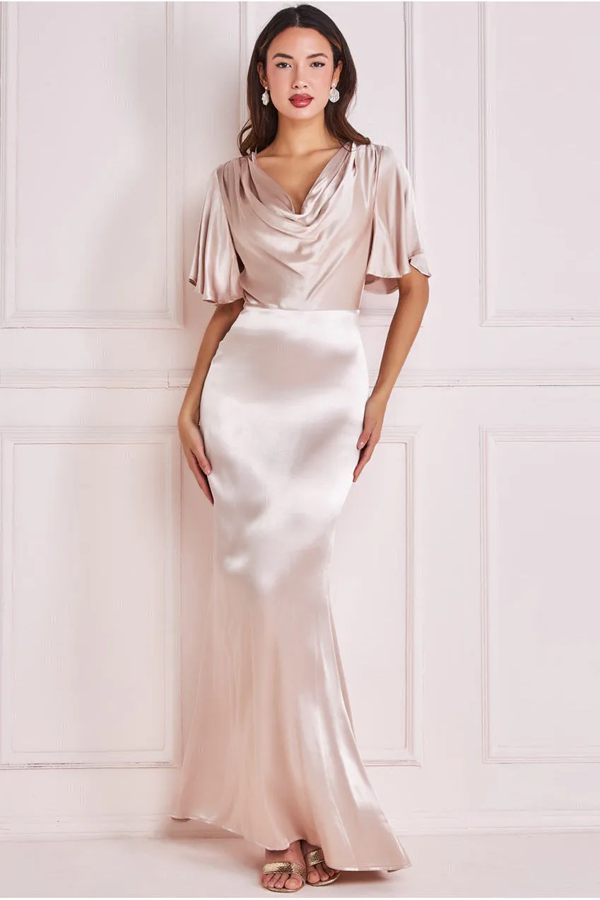 Satin Viscose Cowl Neck Maxi With Train - Champagne by Goddiva sold by Goddiva