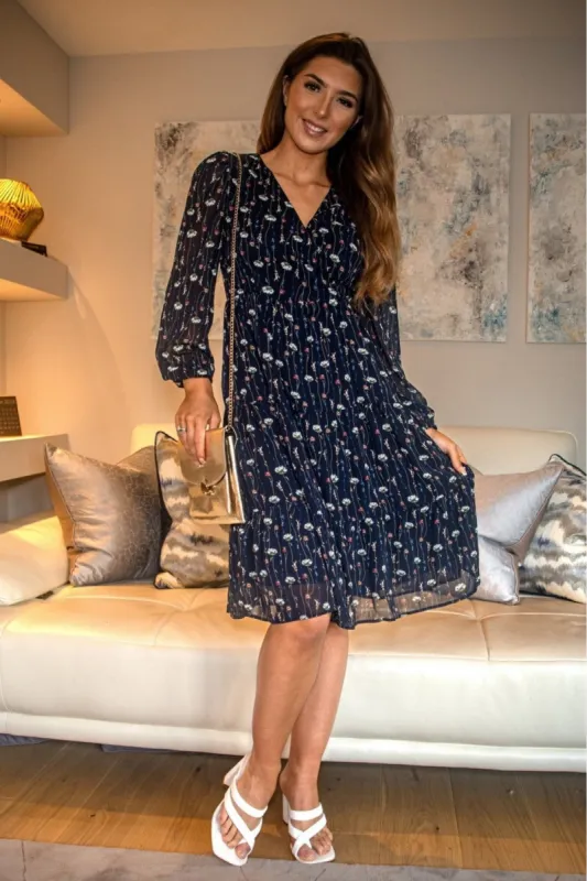 Double Second Navy Printed Long Sleeve Tiered Wrap Dress sold by Goddiva