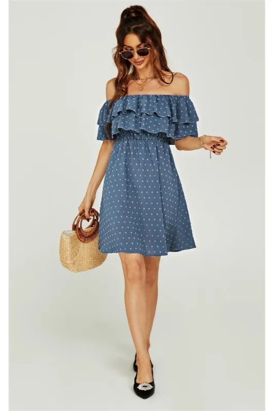 FS Collection Bardot Frill Mini Dress In Blue sold by Goddiva