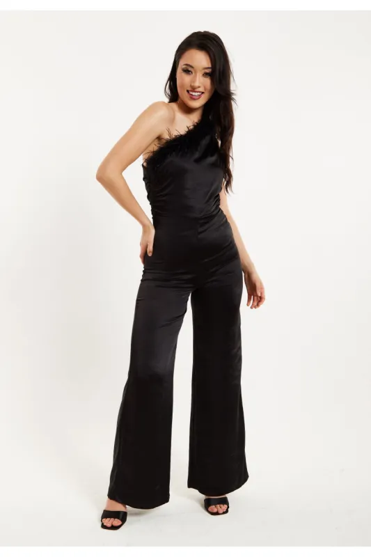 One Shoulder Fur Detail Black Jumpsuit by Liquorish sold by Goddiva