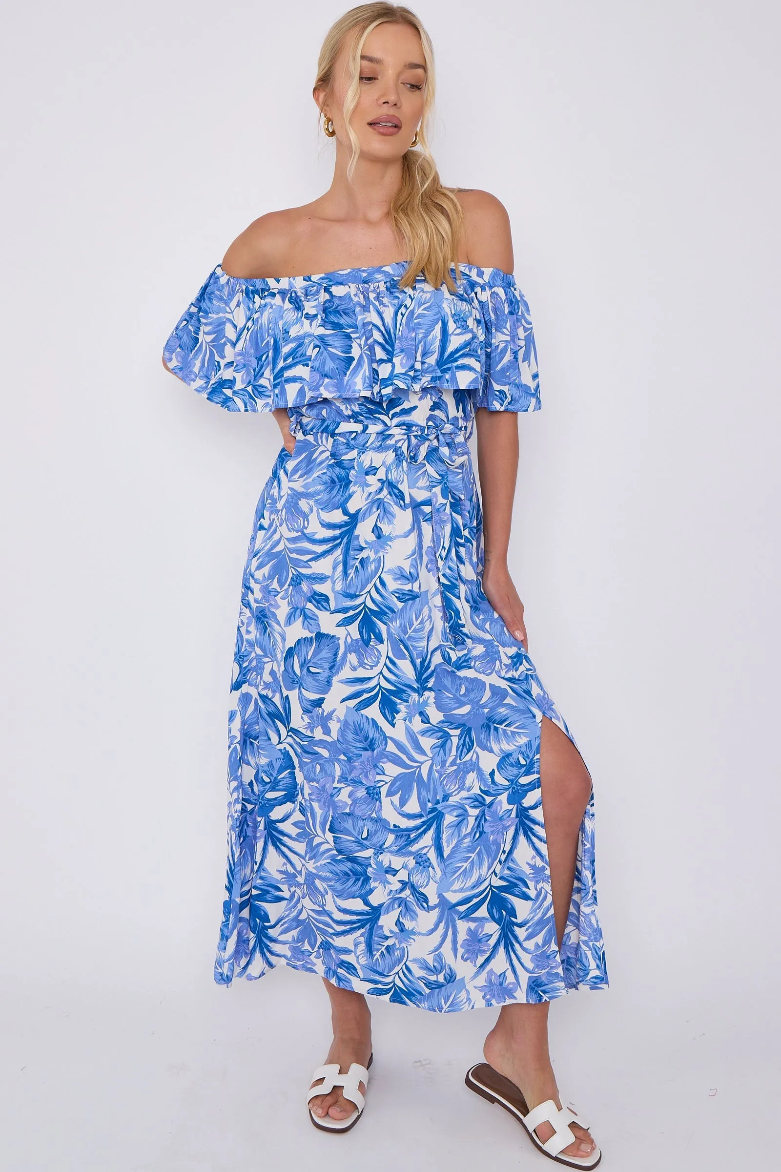 Blue Leaf Floral Print Bardot Maxi Dress by LOVE SUNSHINE sold by Goddiva product image thumbnail 3
