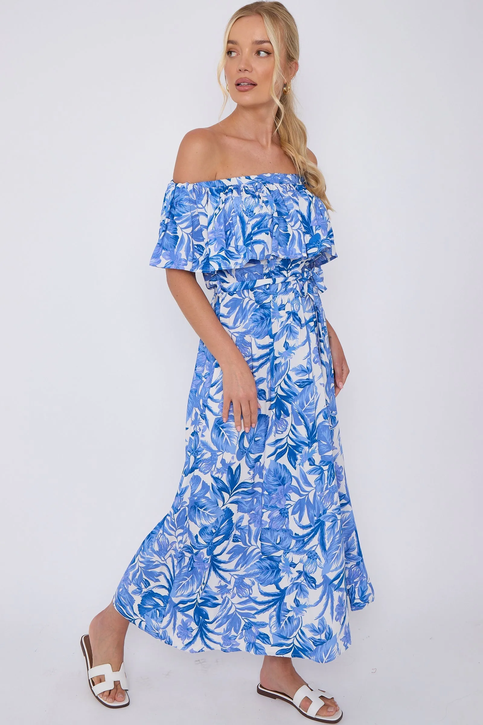 Blue Leaf Floral Print Bardot Maxi Dress by LOVE SUNSHINE sold by Goddiva product image thumbnail 4