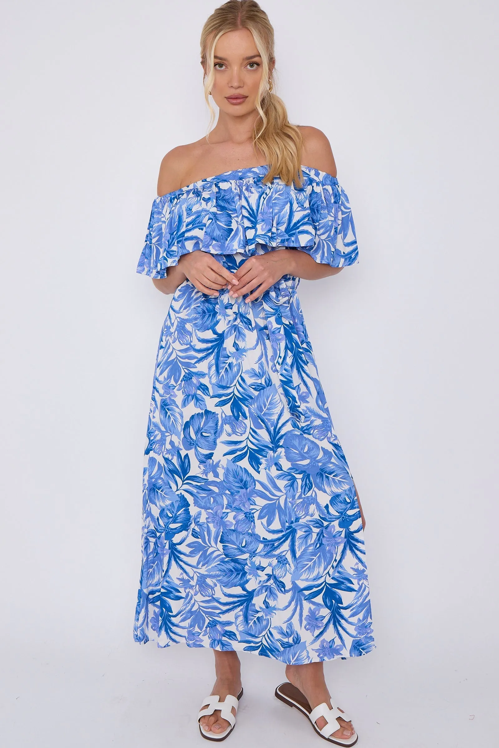Blue Leaf Floral Print Bardot Maxi Dress by LOVE SUNSHINE sold by Goddiva