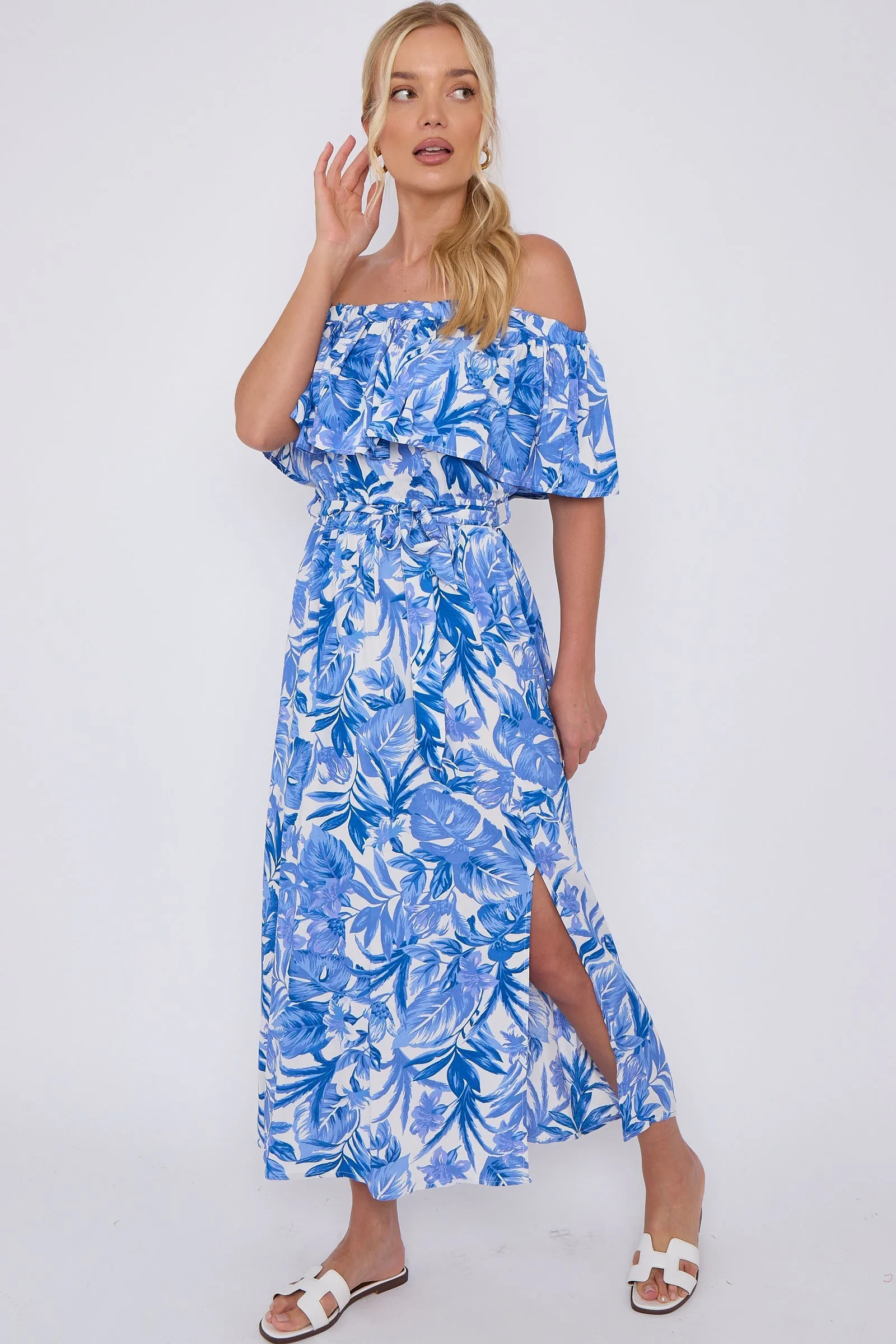 Blue Leaf Floral Print Bardot Maxi Dress by LOVE SUNSHINE sold by Goddiva product image thumbnail 5