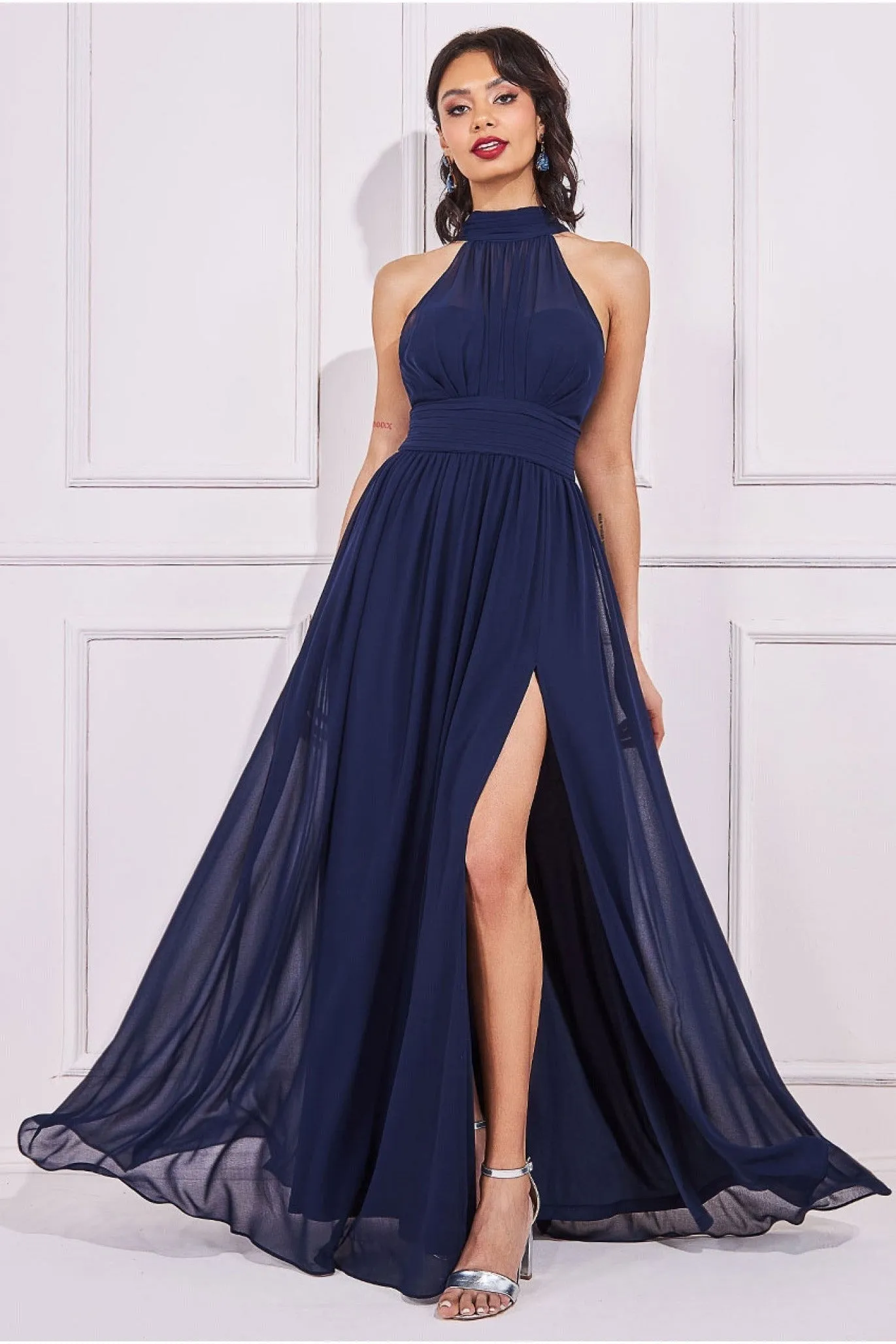 Goddiva Halterneck Chiffon Maxi With Thigh Split - Navy sold by Goddiva