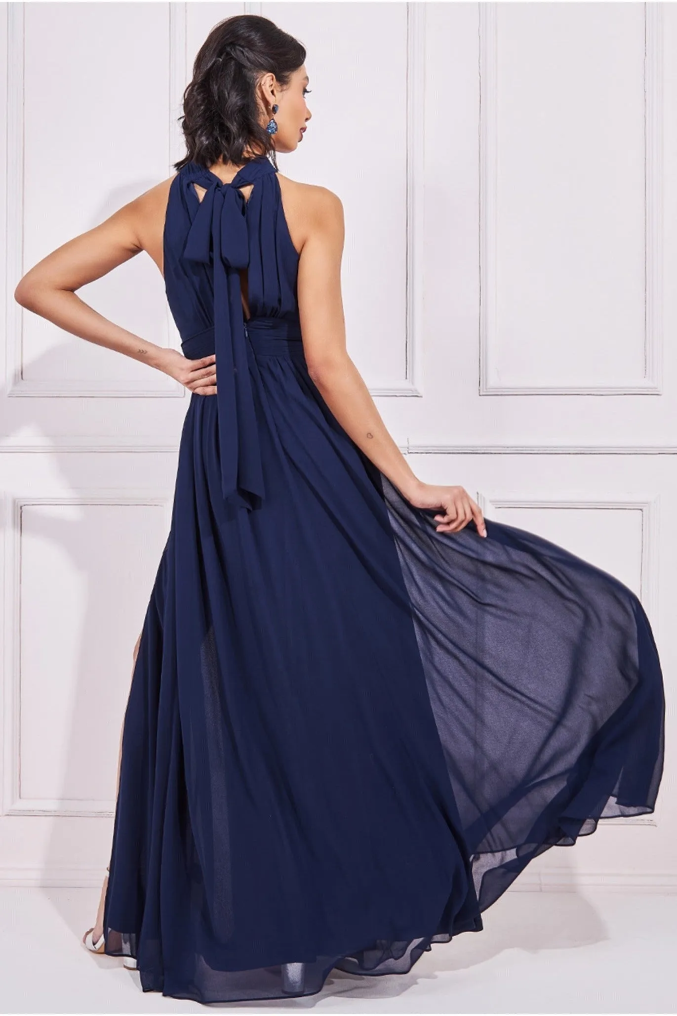 Goddiva Halterneck Chiffon Maxi With Thigh Split - Navy sold by Goddiva product image thumbnail 2