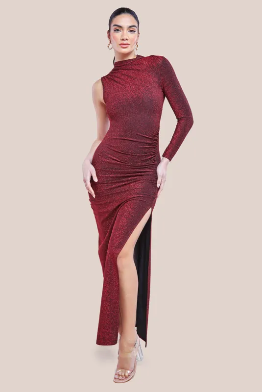 Open Lurex Back One Sleeve Maxi Dress - Red by Goddiva sold by Goddiva
