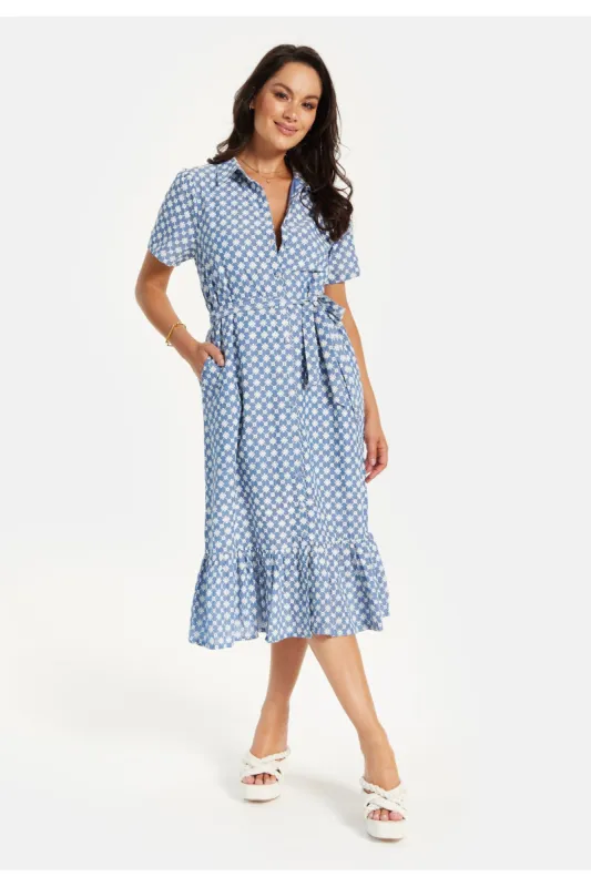 Liquorish Floral Embroidery Striped Dress In Blue sold by Goddiva