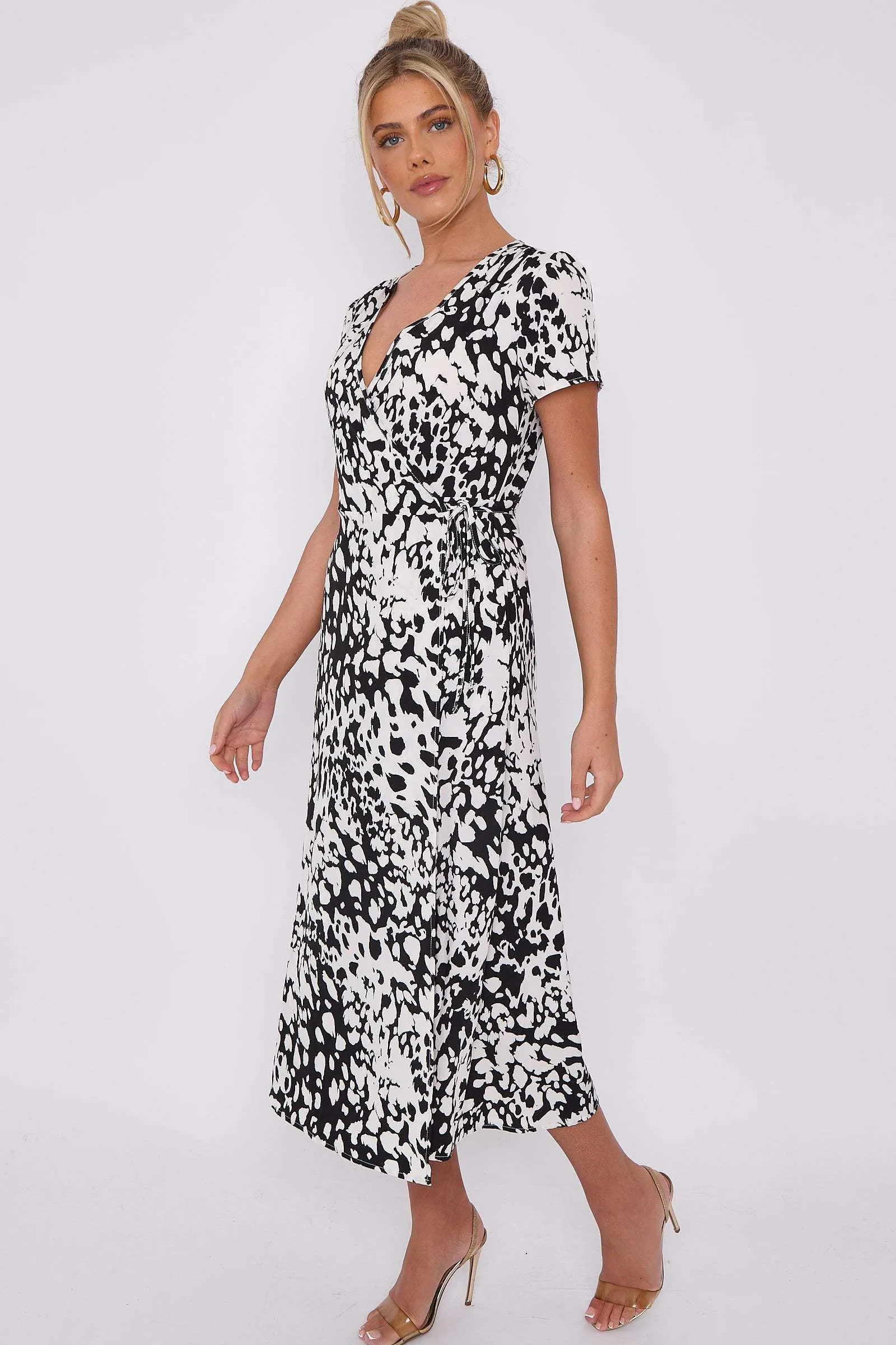 LOVE SUNSHINE Mono Leopard Print Wrapped Midi Dress sold by Goddiva product image thumbnail 5
