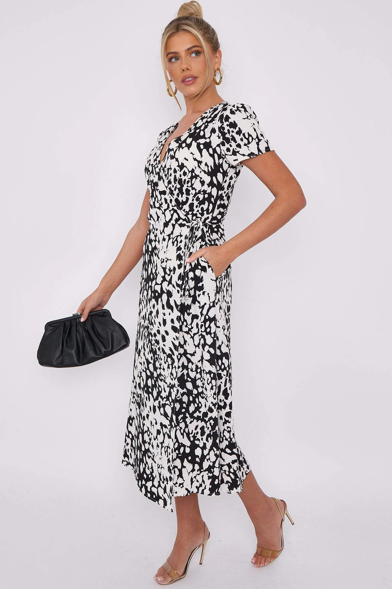 LOVE SUNSHINE Mono Leopard Print Wrapped Midi Dress sold by Goddiva product image thumbnail 3