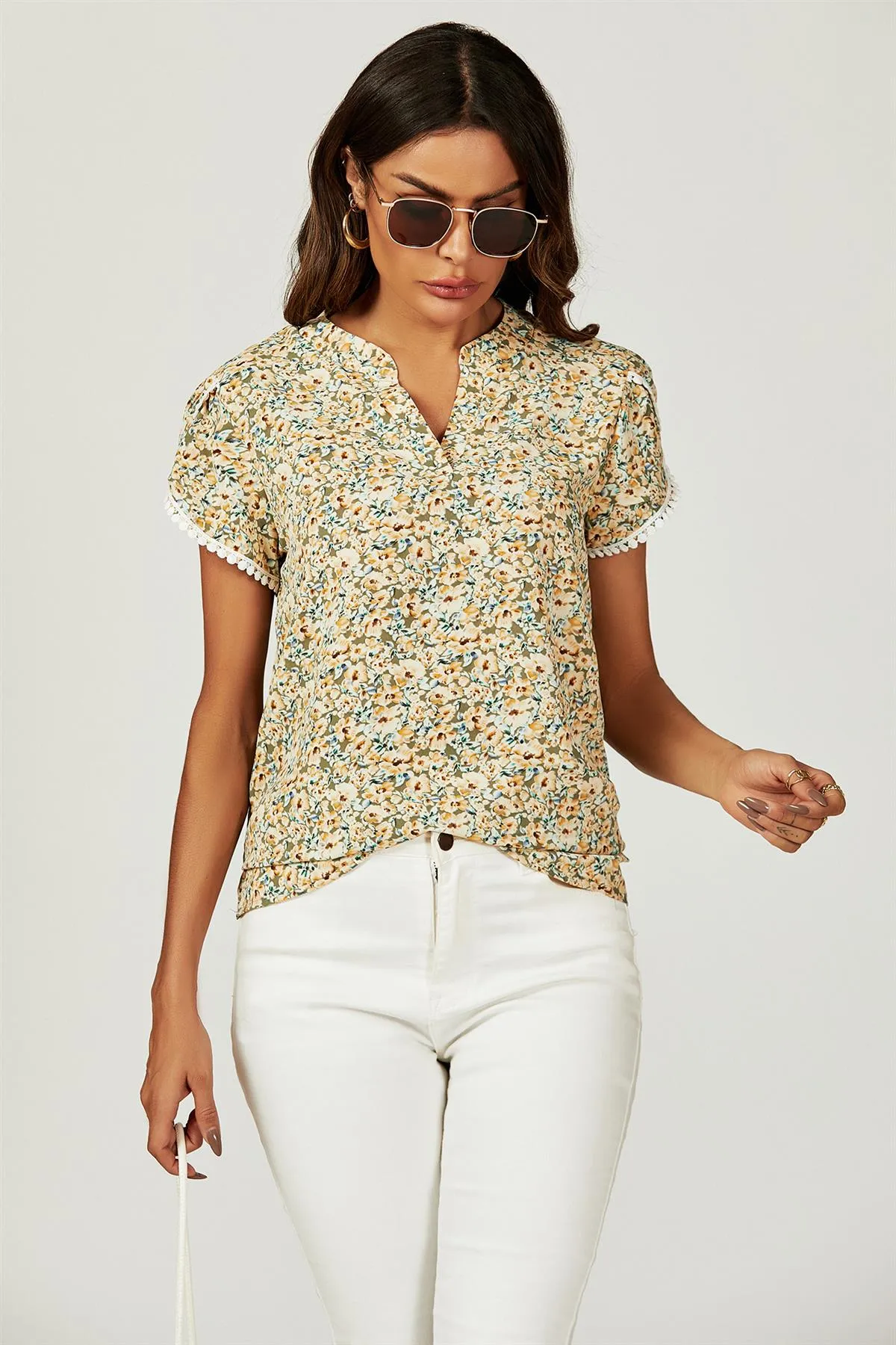 FS Collection Floral Print Lace Trim Short Sleeve Blouse Top In Green Yellow sold by Goddiva product image thumbnail 3