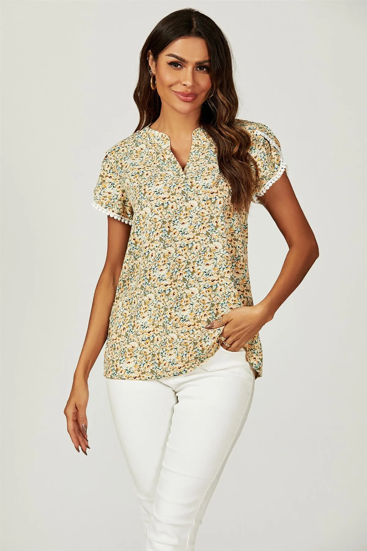 FS Collection Floral Print Lace Trim Short Sleeve Blouse Top In Green Yellow sold by Goddiva