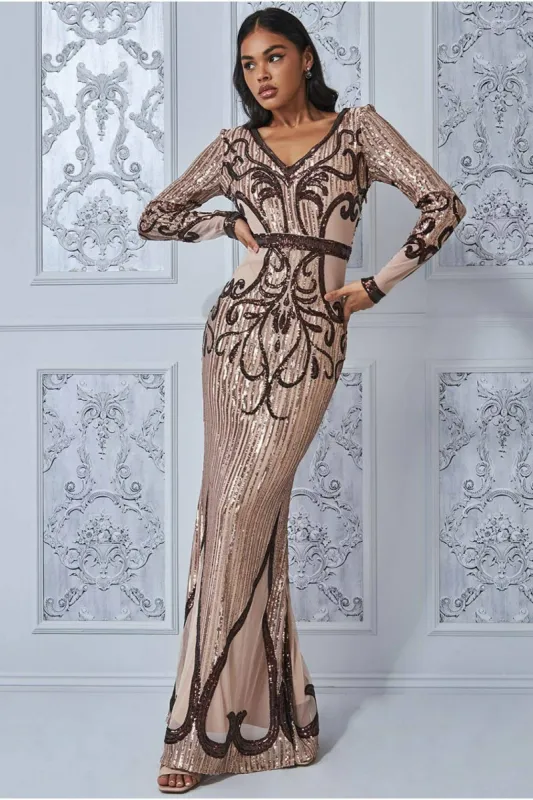 Sequin & Mesh Embroidered Maxi - Champagne by Goddiva sold by Goddiva