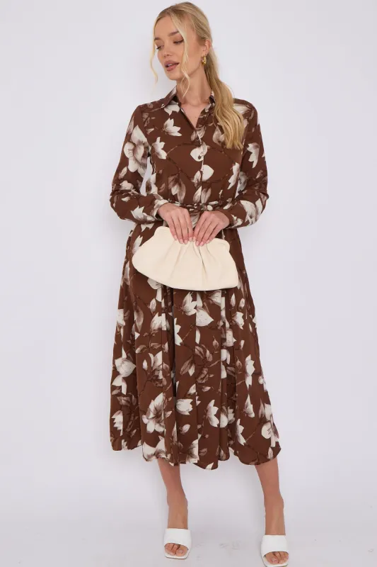LOVE SUNSHINE Brown Floral Print Midaxi Shirt Dress sold by Goddiva