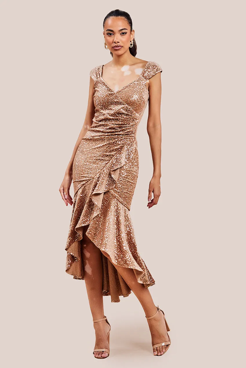 Sequin & Velvet Bardot High Low Midaxi Dress - Champagne by Goddiva sold by Goddiva