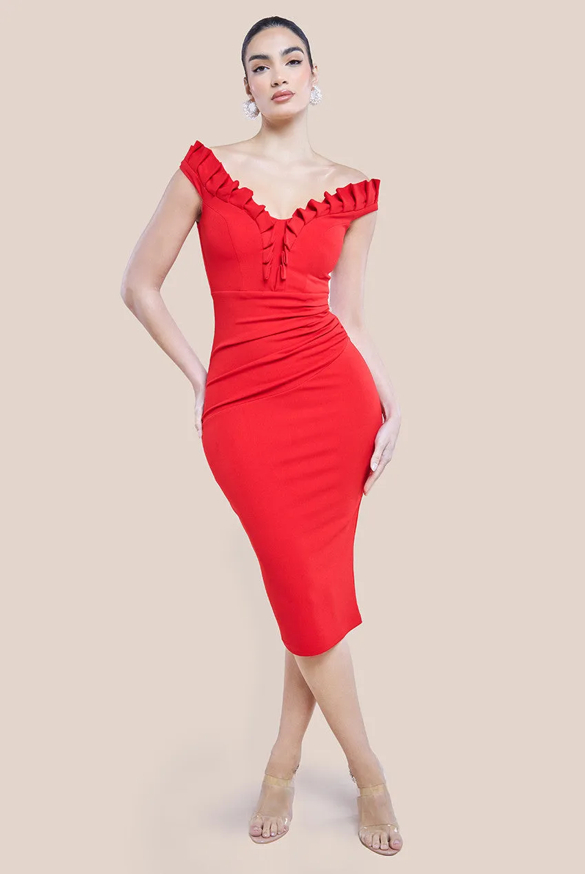 Off The Shoulder Frill Bodice Midi Dress - Red by Goddiva sold by Goddiva
