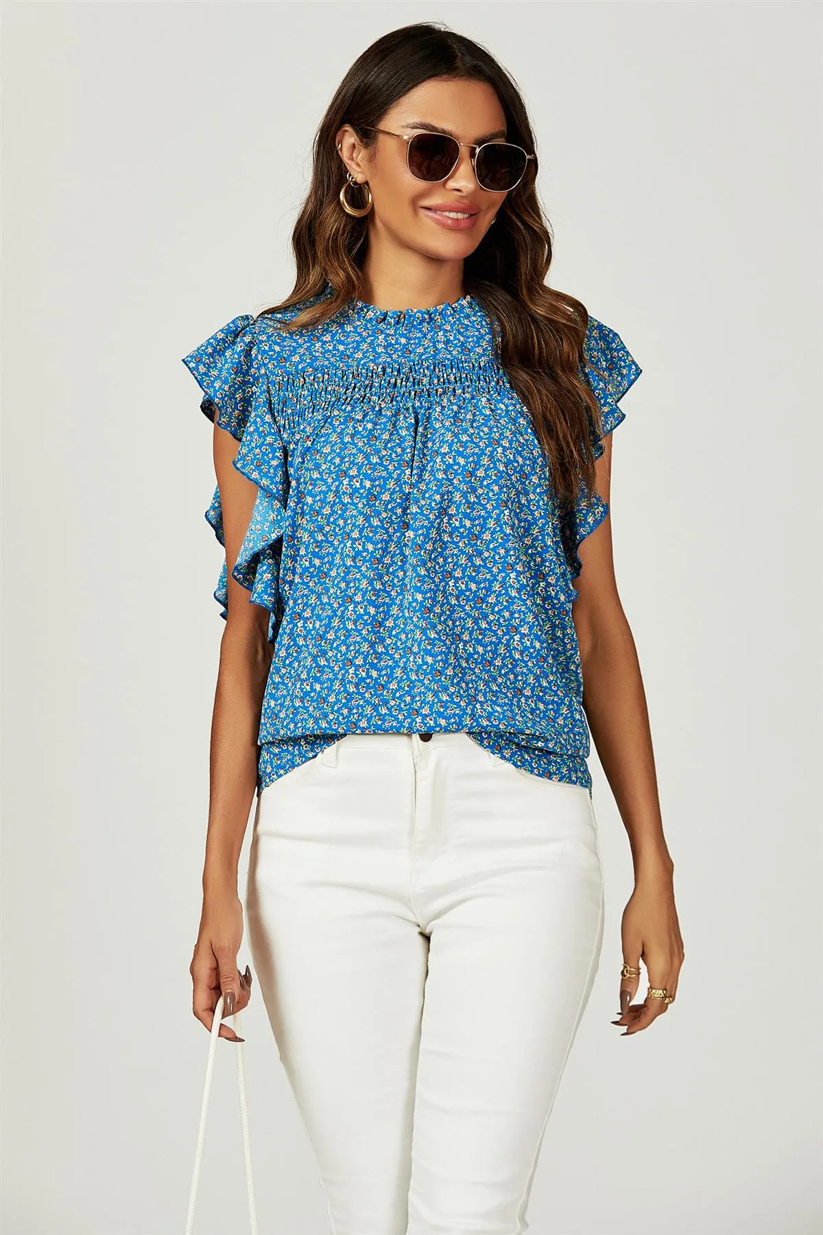 FS Collection Floral Print Frill Hem Short Sleeve Blouse Top In Blue sold by Goddiva product image thumbnail 3