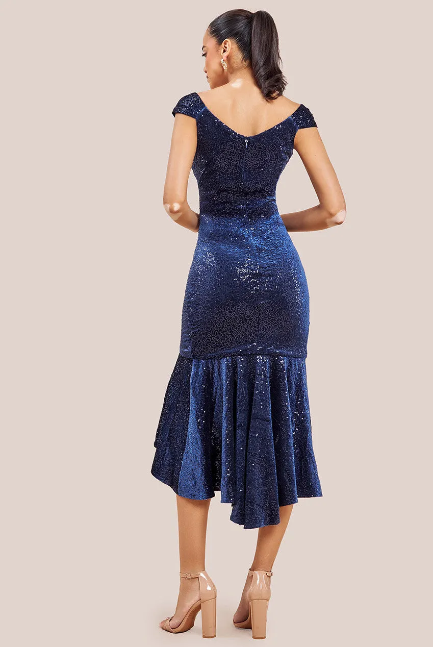 Sequin & Velvet Bardot High Low Midaxi Dress - Navy by Goddiva sold by Goddiva product image thumbnail 2