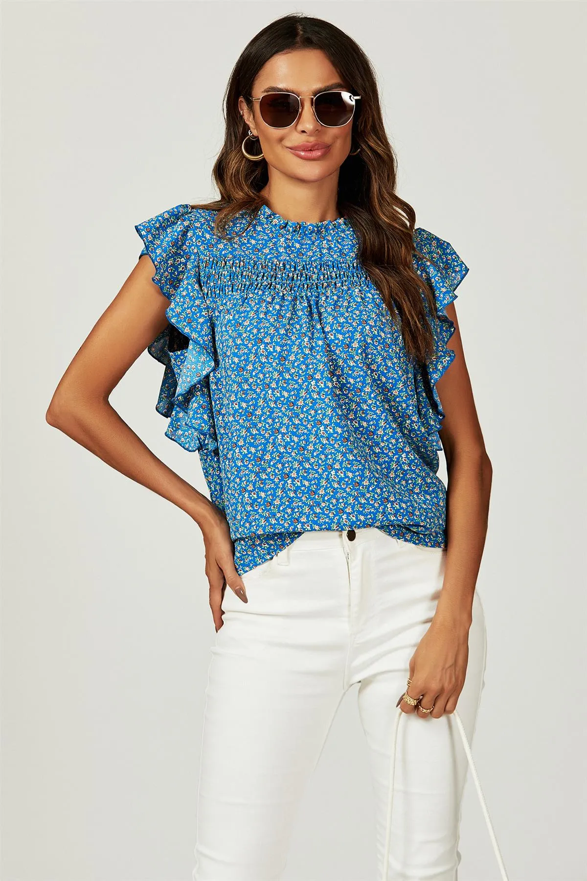 FS Collection Floral Print Frill Hem Short Sleeve Blouse Top In Blue sold by Goddiva product image thumbnail 4