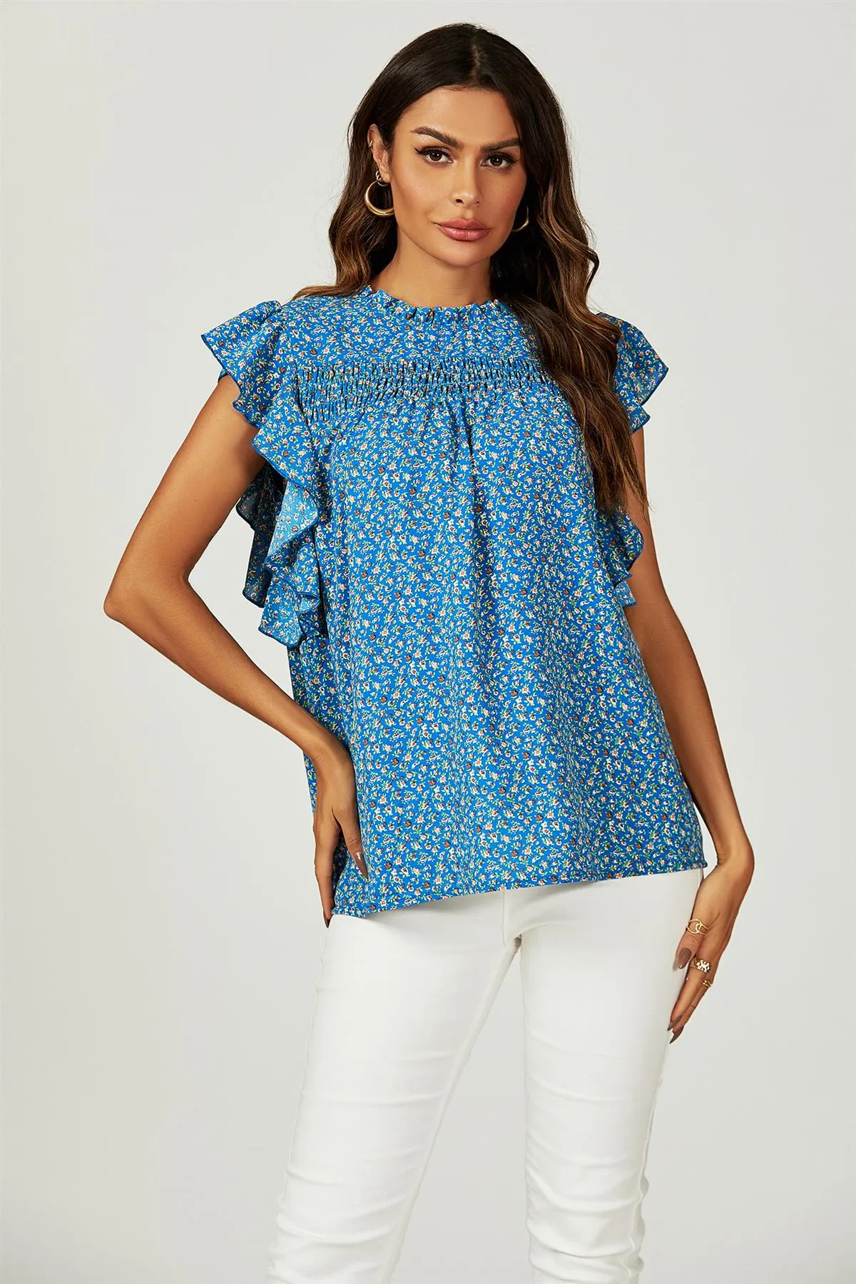 FS Collection Floral Print Frill Hem Short Sleeve Blouse Top In Blue sold by Goddiva