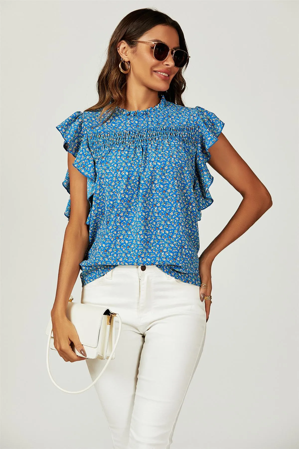 FS Collection Floral Print Frill Hem Short Sleeve Blouse Top In Blue sold by Goddiva product image thumbnail 5