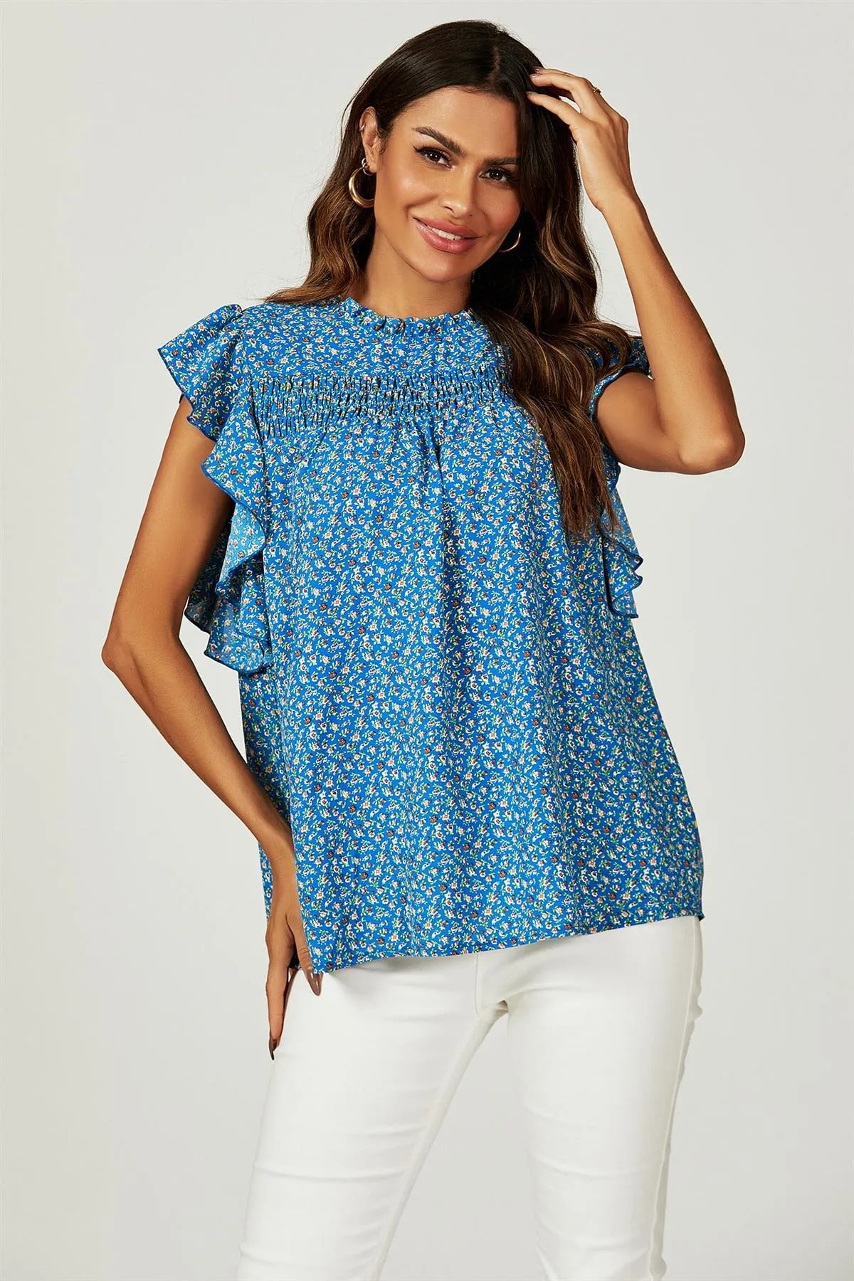 FS Collection Floral Print Frill Hem Short Sleeve Blouse Top In Blue sold by Goddiva product image thumbnail 2