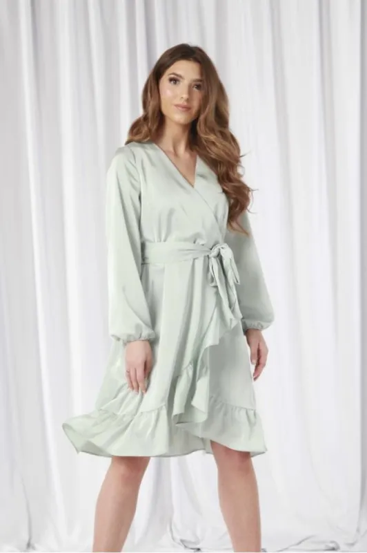 Sage Frill Wrap Dress by Double Second sold by Goddiva