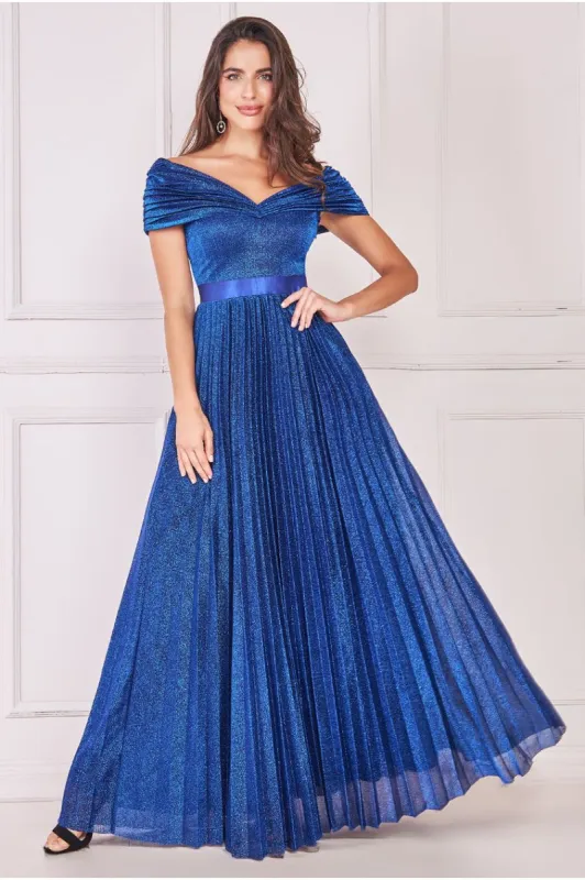 Bardot Pleated Skirt Maxi Dress - Royalblue by Goddiva sold by Goddiva
