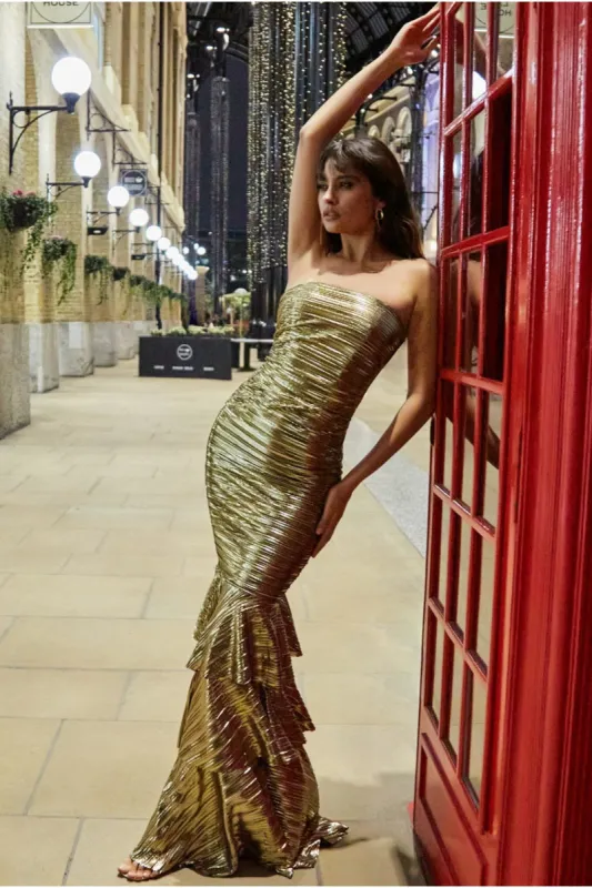 Bandeau Foil Pleated Maxi With Tiered Hem - Gold by Goddiva sold by Goddiva