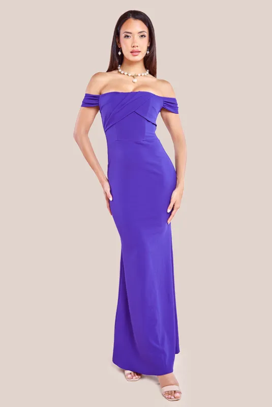 Pleated Bardot Scuba Maxi Dress - Purple by Goddiva sold by Goddiva