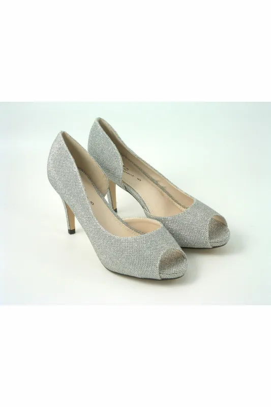 Glitz Shoes Sabatine Mid Heel Peep Toe - 31438 - Silver sold by Goddiva