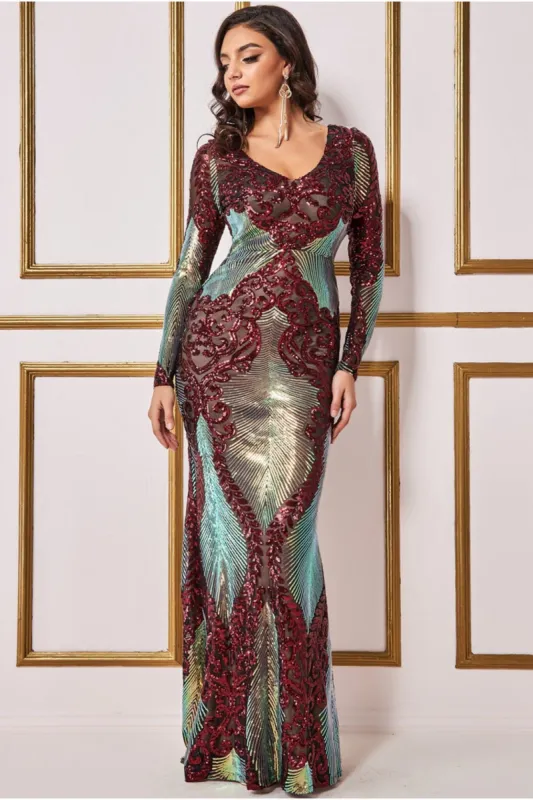 Contrast Sequin Long Sleeve Maxi Dress - Wine by Goddiva sold by Goddiva