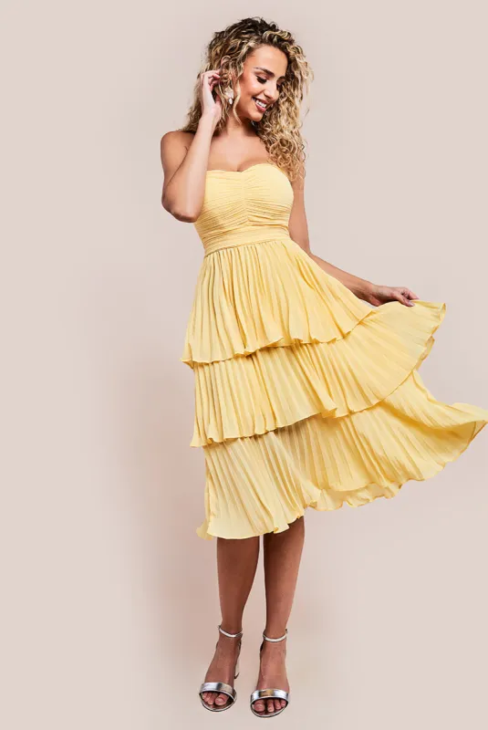 Pleated Bandeau Bodice Chiffon Tiered Midi - Yellow by Goddiva sold by Goddiva