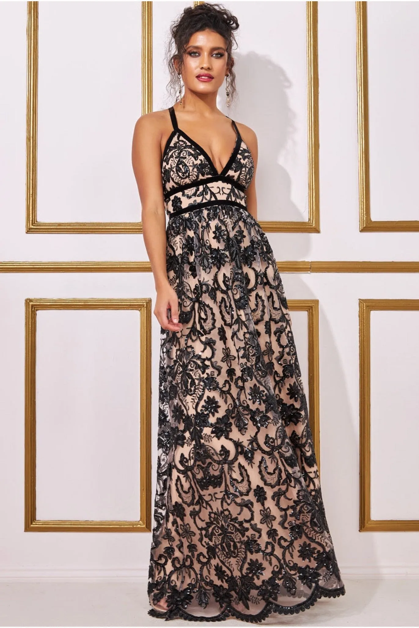 Goddiva Open Back Sequin & Mesh Maxi Dress - Black sold by Goddiva