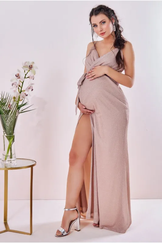 Maternity Wrap Spaghetti Strap Maxi - Blush by Goddiva sold by Goddiva