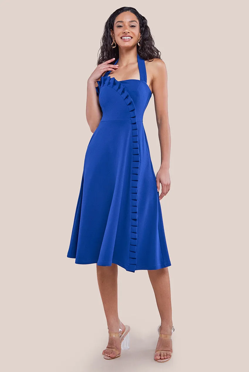 Frilled Halter Neck Strap Midi Dress - Royal Blue by Goddiva sold by Goddiva