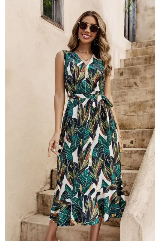 FS Collection Leaf Print Asymmetric Hem Frill Detail Midi Dress In Green sold by Goddiva
