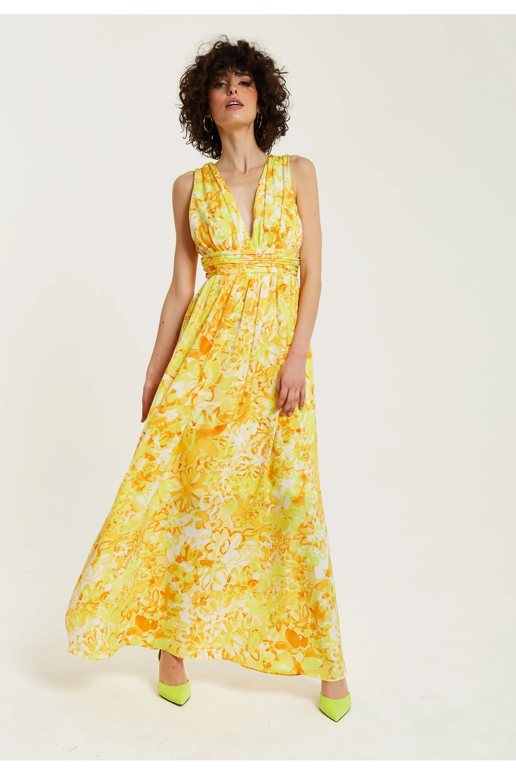 Yellow And Orange Floral Print V-neck Maxi Dress by Liquorish sold by Goddiva