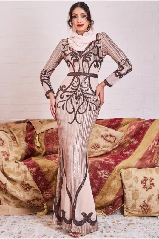 Goddiva Modesty Sequin & Mesh Maxi Dress - Champagne sold by Goddiva