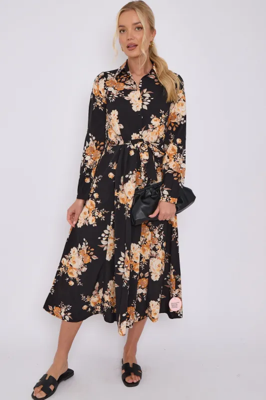 LOVE SUNSHINE Black Floral Print Midaxi Shirt Dress sold by Goddiva