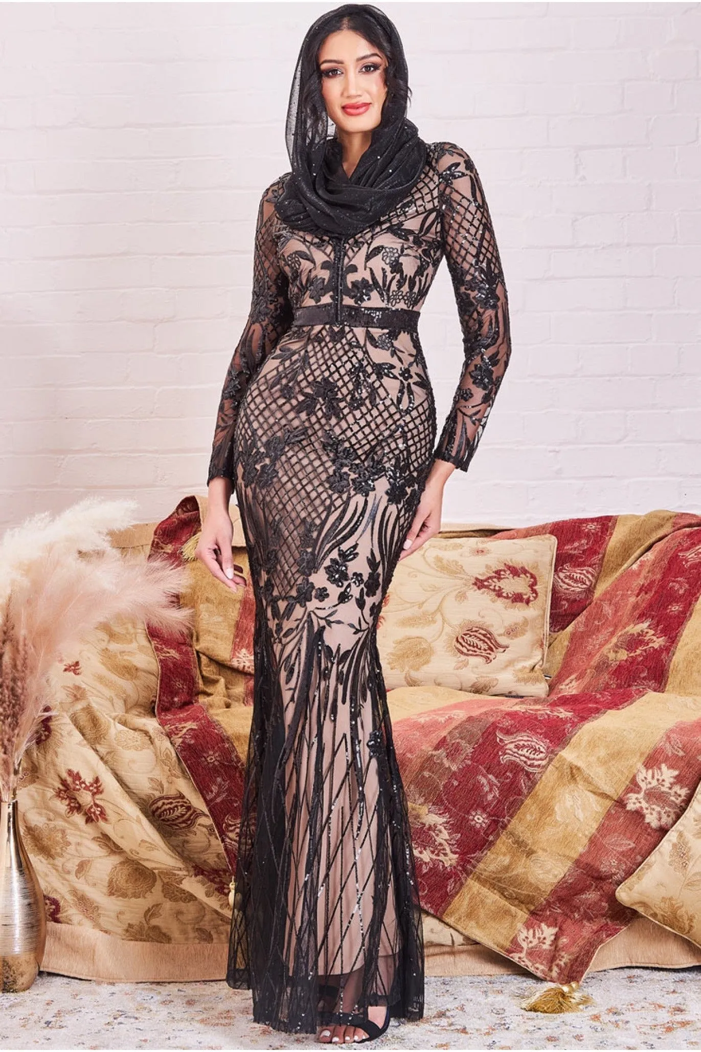 Modesty Sequin Evening Maxi Dress - Black by Goddiva sold by Goddiva