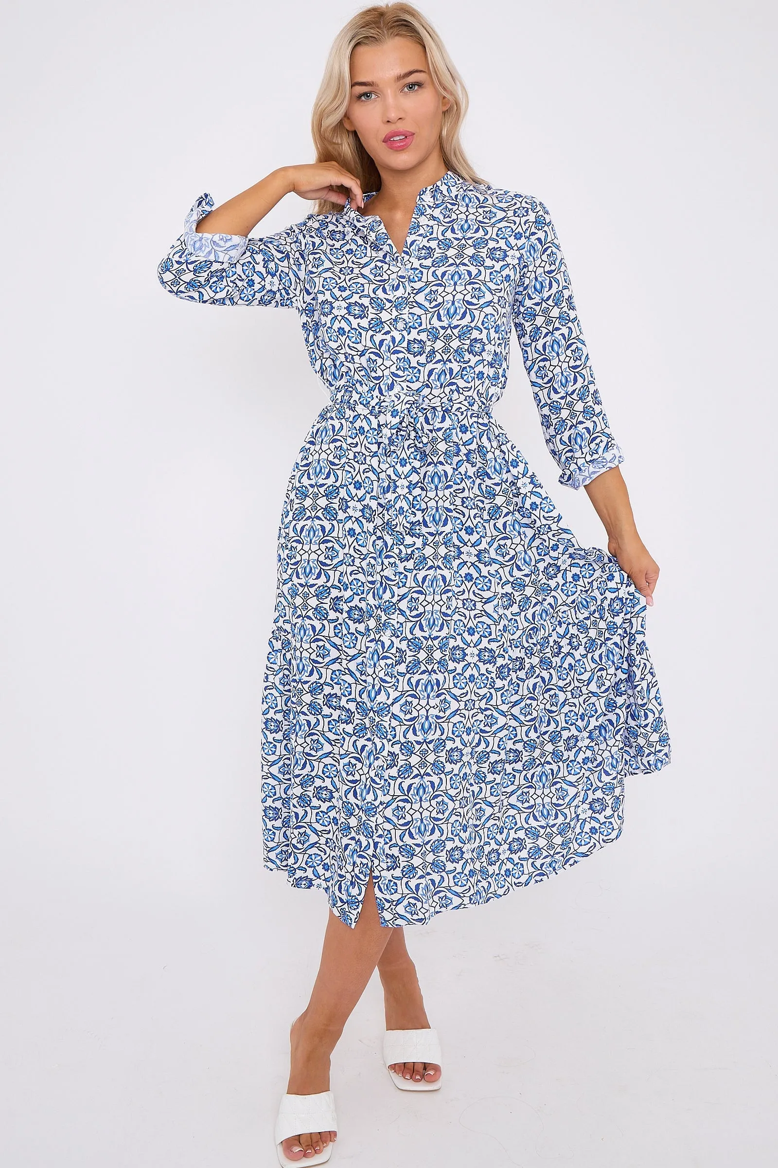 LOVE SUNSHINE Blue Pattern Print Long Sleeve Midi Dress sold by Goddiva product image thumbnail 4