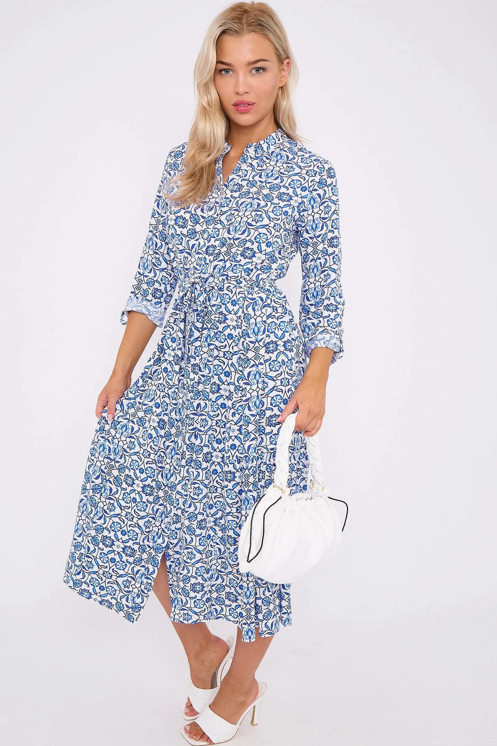 LOVE SUNSHINE Blue Pattern Print Long Sleeve Midi Dress sold by Goddiva