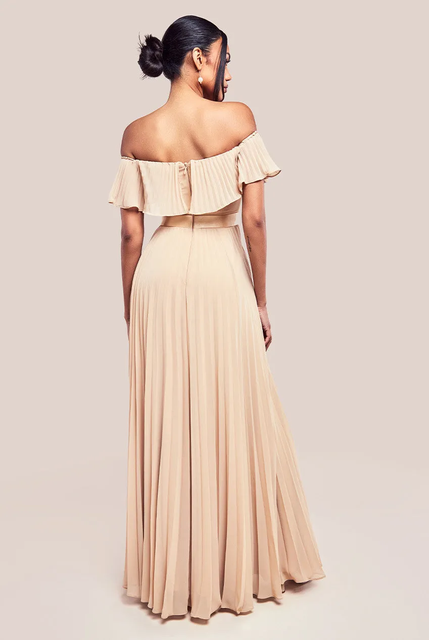 Pleated Chiffon Off Shoulder Maxi Dress - Beige by Goddiva sold by Goddiva product image thumbnail 2