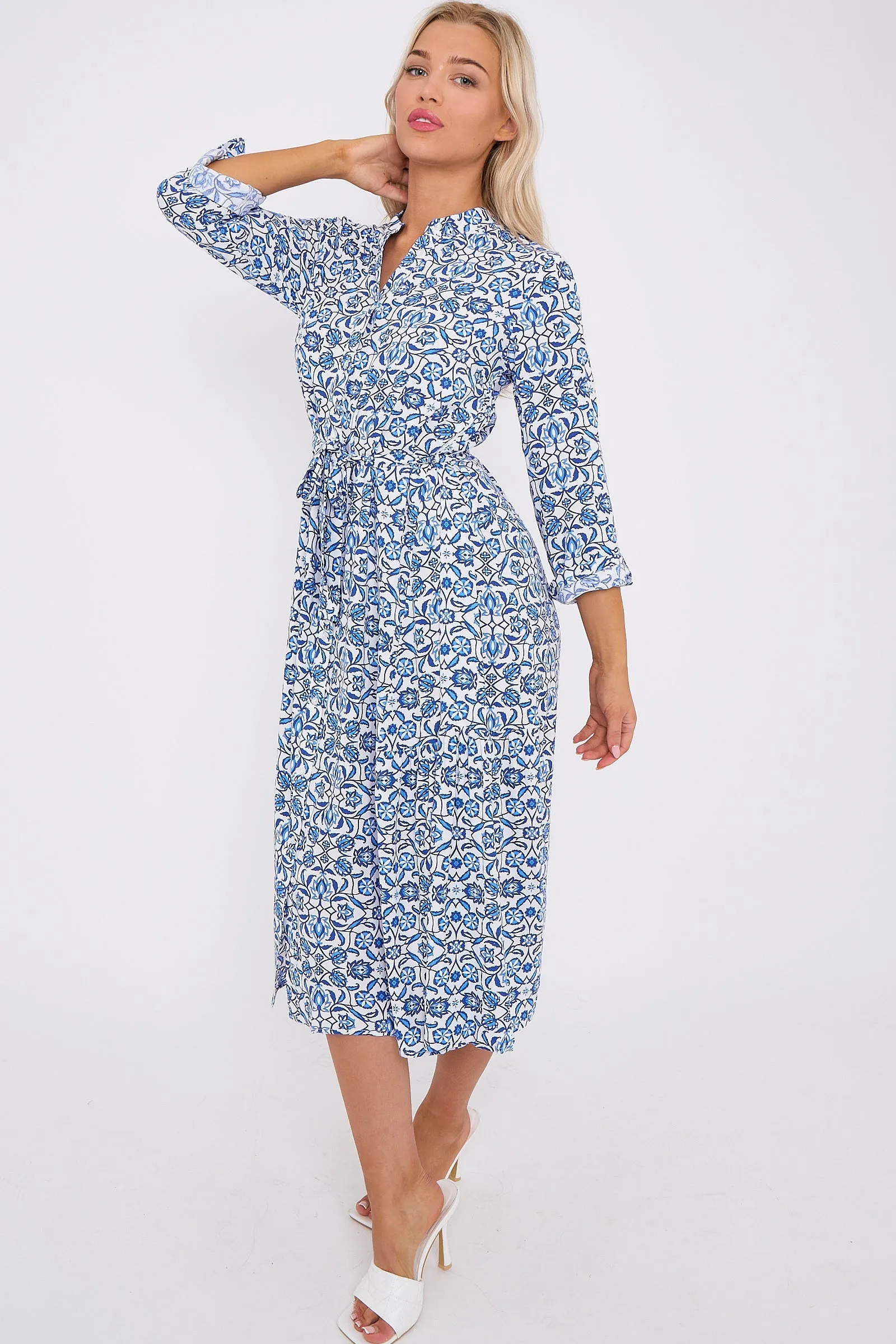 LOVE SUNSHINE Blue Pattern Print Long Sleeve Midi Dress sold by Goddiva product image thumbnail 5