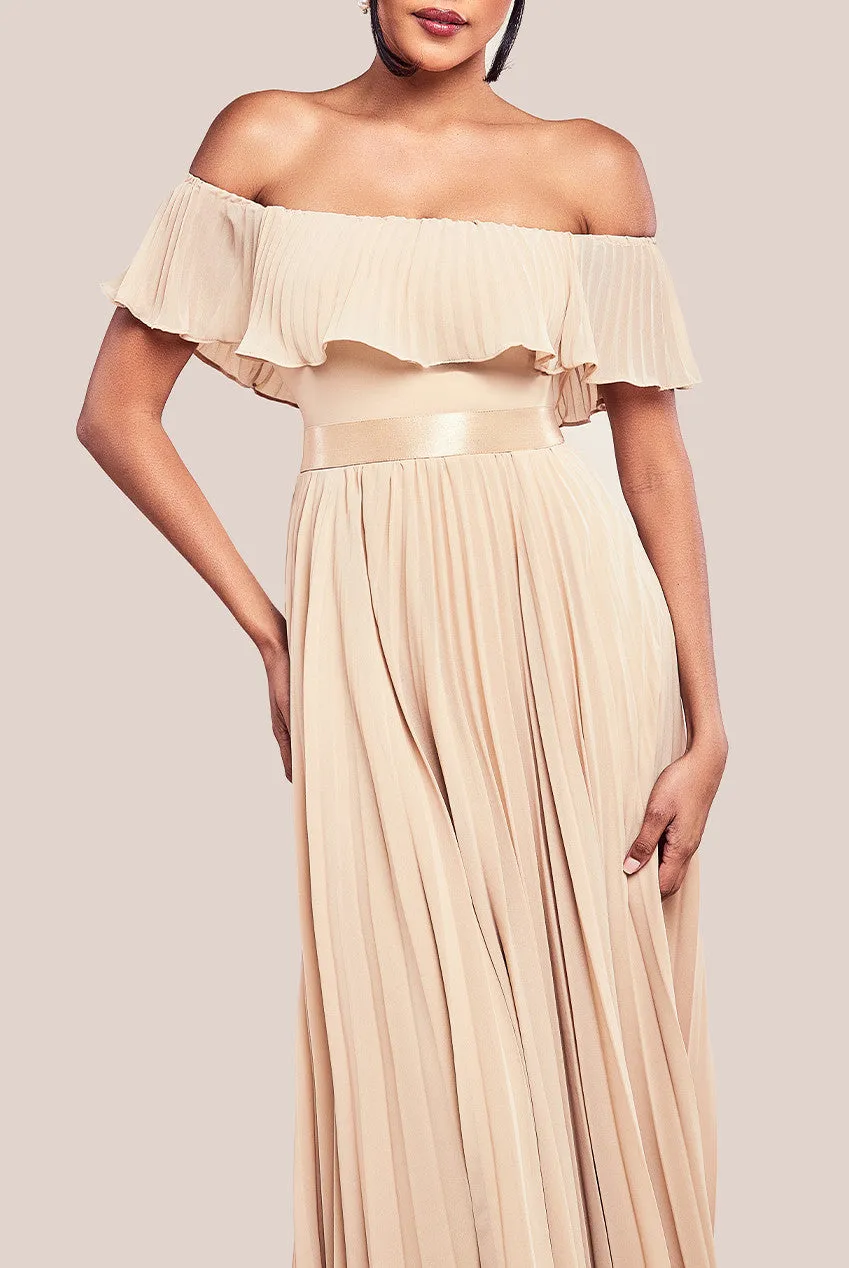 Pleated Chiffon Off Shoulder Maxi Dress - Beige by Goddiva sold by Goddiva product image thumbnail 3
